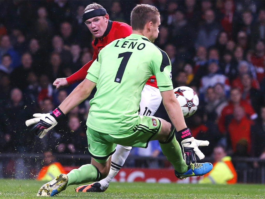 Wayne Rooney scores his second goal against Leverkusen (Getty)