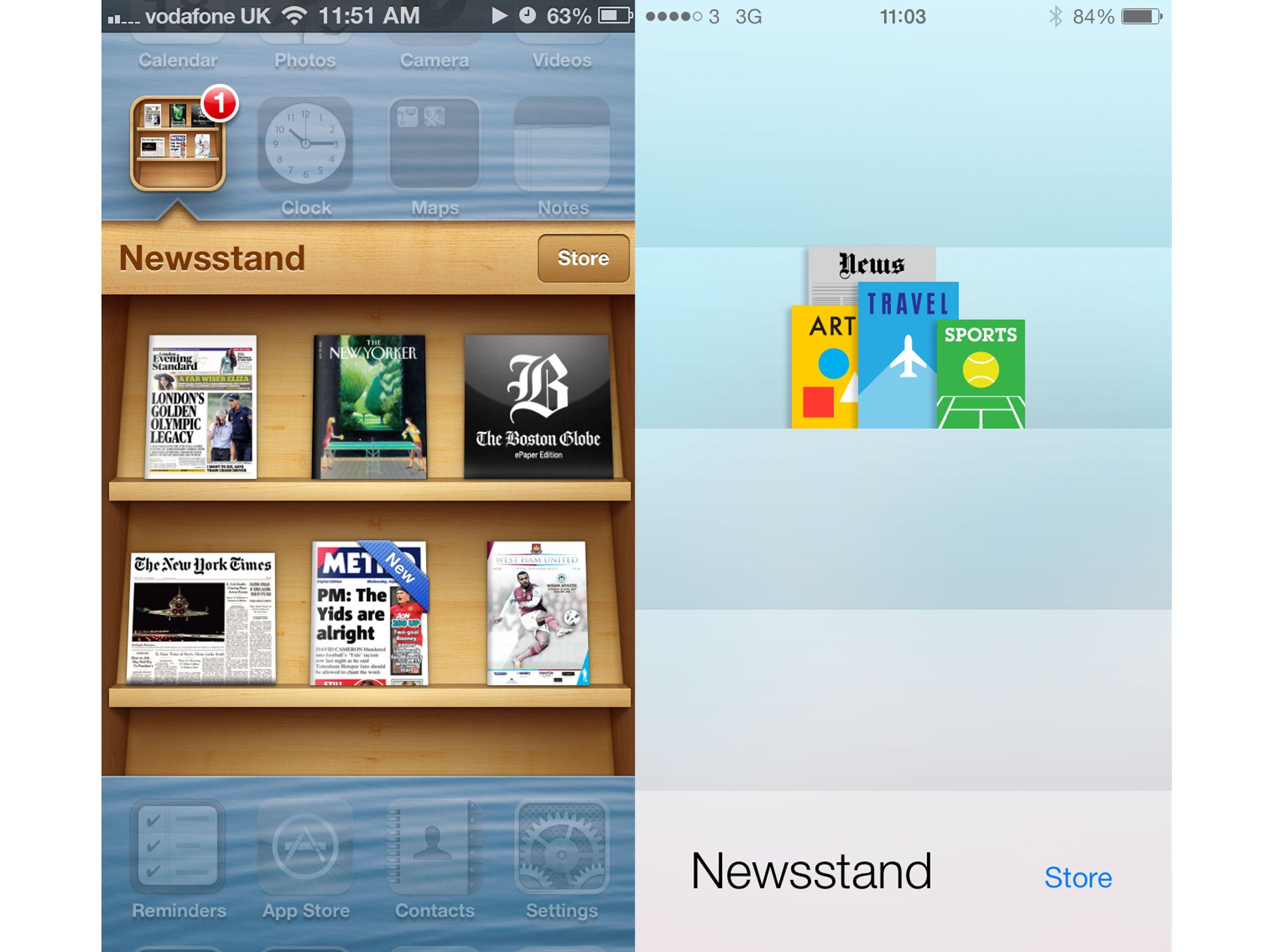 Appl iOS 6 (left) vs iOS 7 (right). Gone are the fake wooden shelves of the iOS newsstand, instead we have smooth gradients and parallel lines.