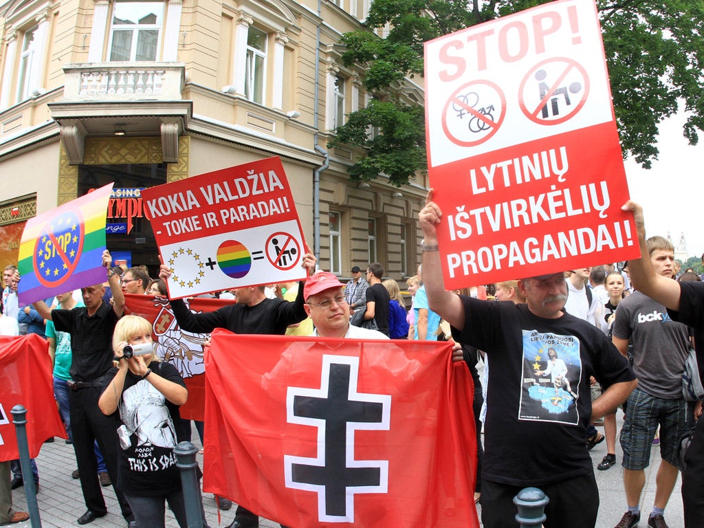 Anti Gay Parade activists protest during the 'Baltic Pride 2013' march earlier this summer in Vilnius, Lithuania (Getty)