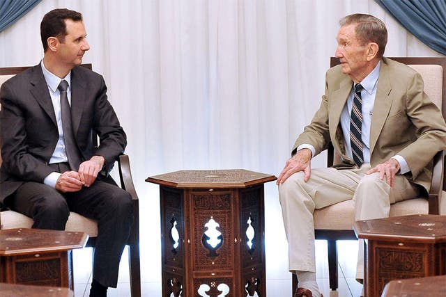President Assad meets the former US Attorney General Ramsey Clark in Damascus, who is heading a US delegation to Syria