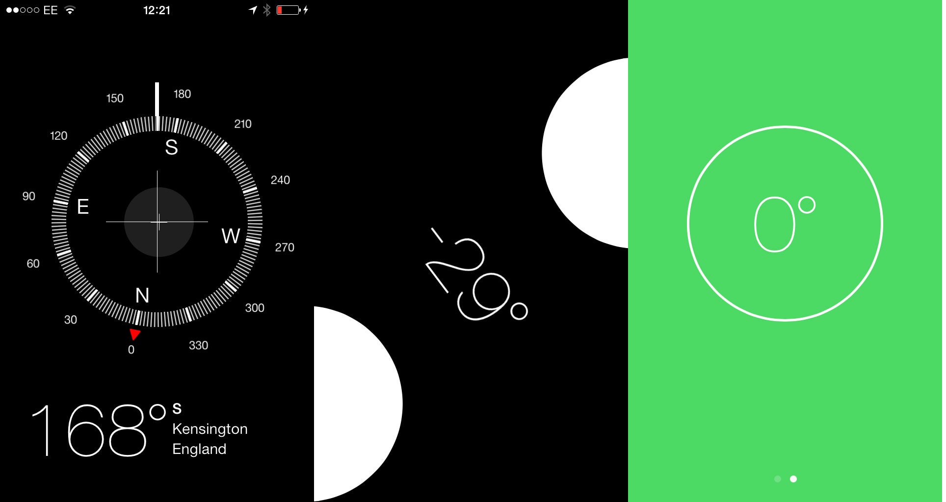 From left to right - the newly designed compass app; swipe to the left to find the spirit level; then the far right screen shows the green light you get on flat surfaces.