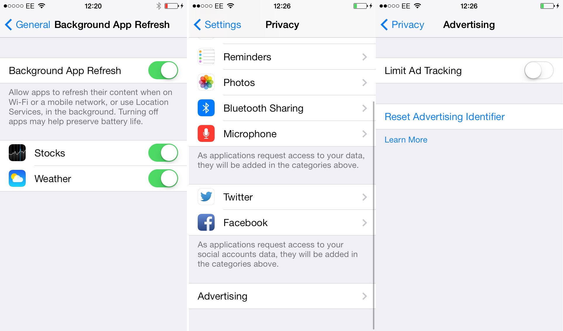 From left to right: the toggles for which apps automatically update, accessed through Settings &gt;&gt; General; and then the Privacy settings which include the option to 'Limit Ad Tracking'.