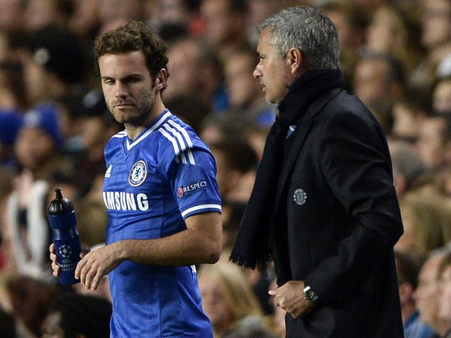 Jose Mourinho ushers substitute Juan Mata on to the pitch on Wednesday