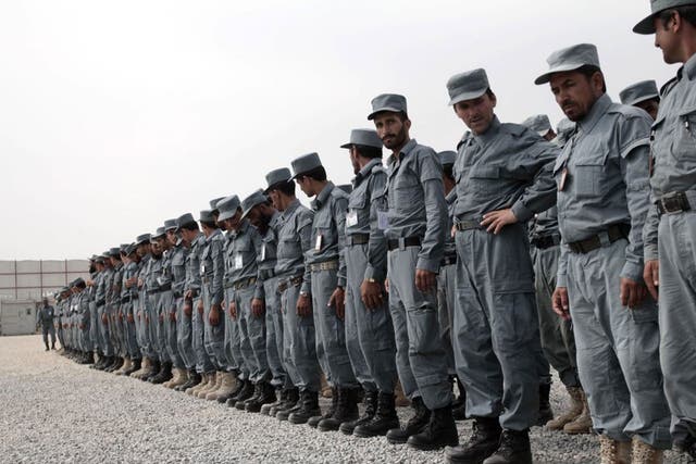 Officers at an Afghan police training centre. A Taliban ambush in the remote region of Badakhshan killed 18 and wounded 13 other servicemen this week, renewing concerns about the country's ability to cope without Nato support