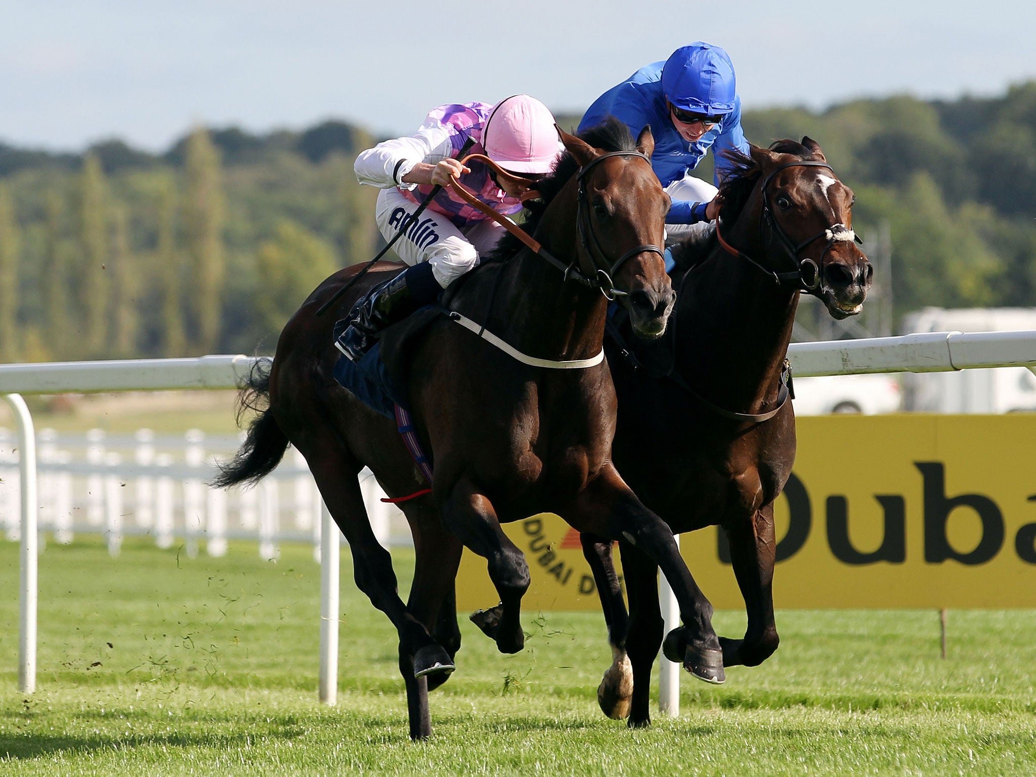 Tales Of Grimm (left), ridden by Ryan Moore, sinks Godolphin's French Navy at Newbury