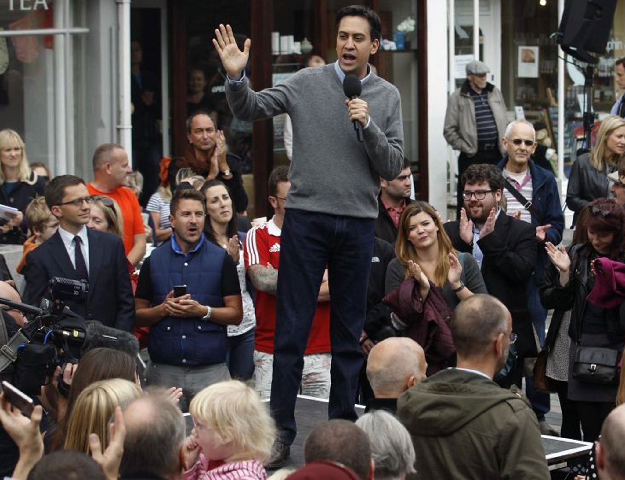 Ed Miliband addresses a crowd in Brighton
