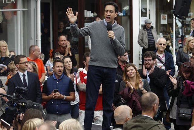 Ed Miliband addresses a crowd in Brighton