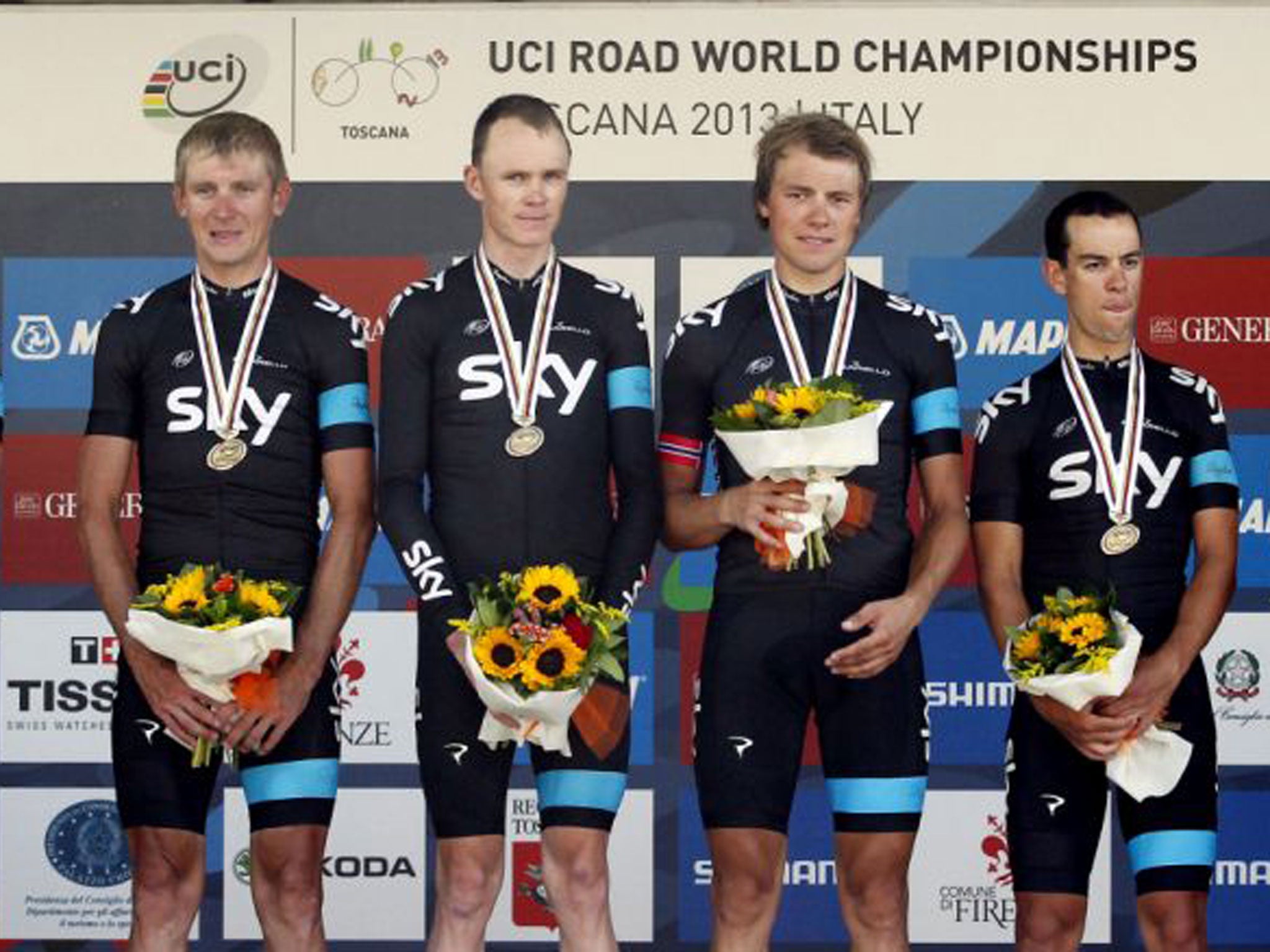 Chris Froome , second from left, hopes to win the world road race title in Florence on Sunday
