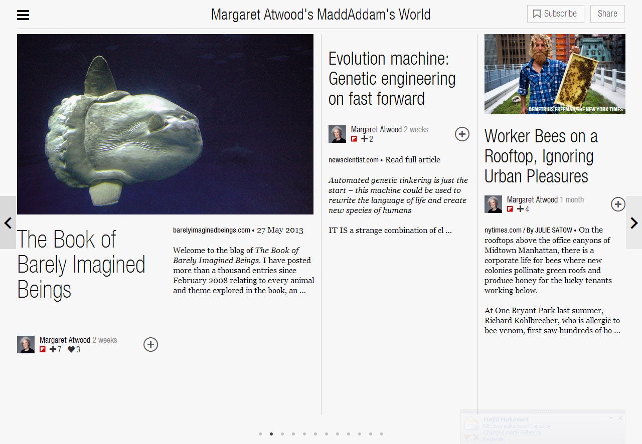 A screenshot showing Atwood's Flipboard magazine, 'MaddAdam's World'