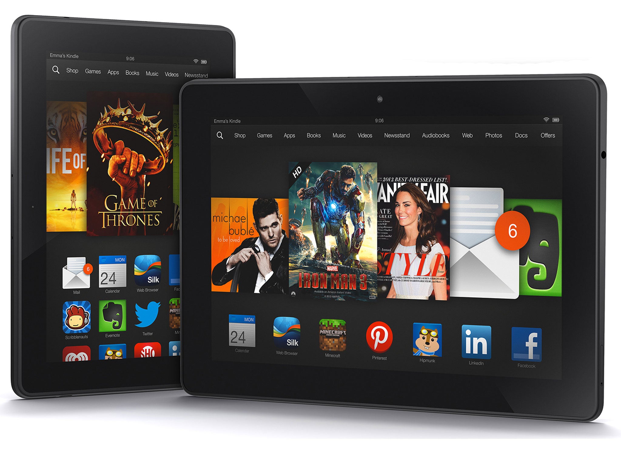 The Kindle Fire HDX comes in two sizes: 7-inch and 8.9-inch. It has a quad-core processor, up to 64GB of storage and a resolution of 1920 x 1200.