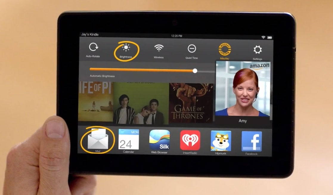A screenshot from an Amazon advert showing the new Mayday feature in action. The customer support staff appears in video chat, though Amazon reminds users that they can't see you.