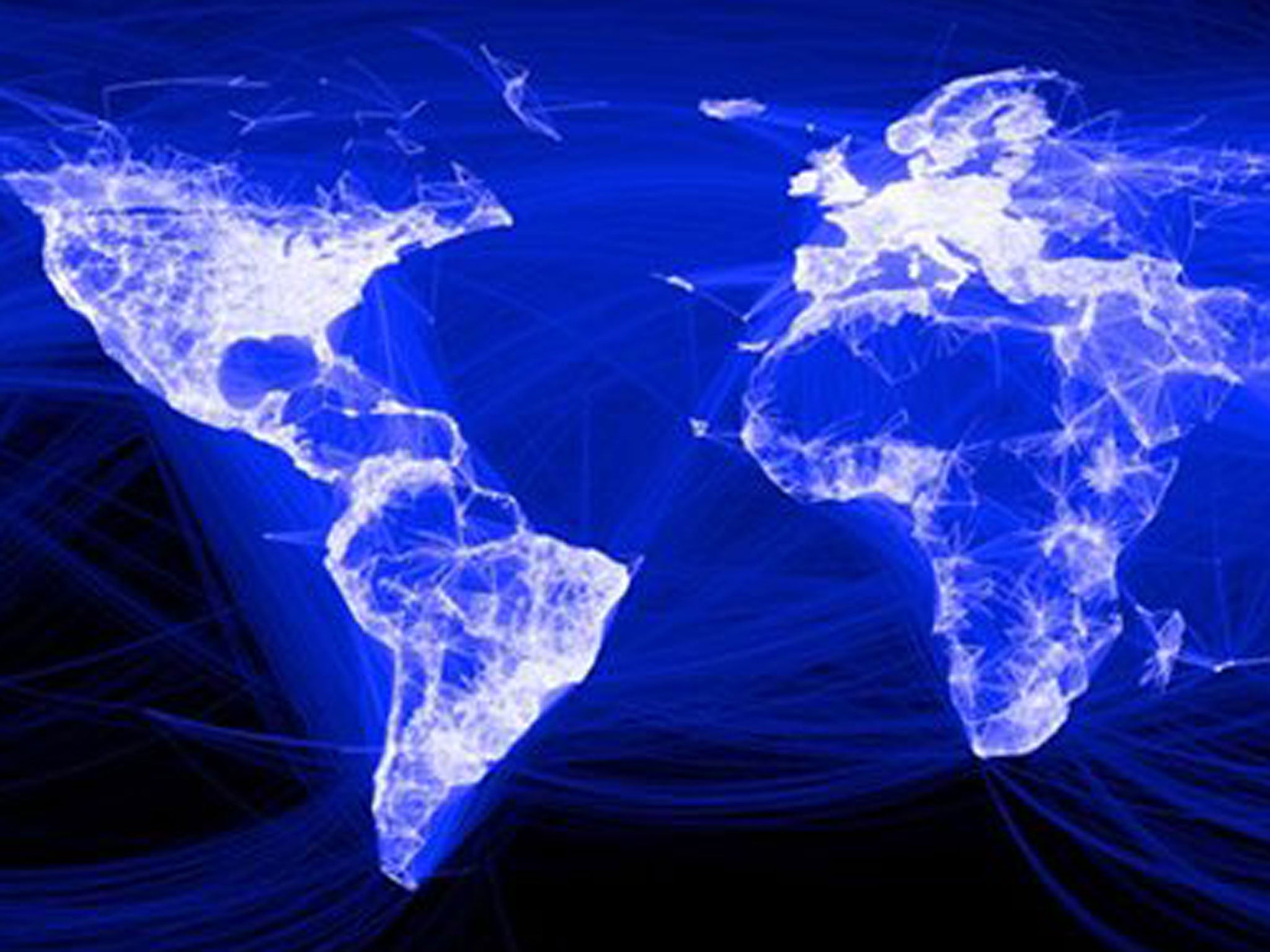 An illustration from Facebook showing the social networks global links. Each blue line represents a friendship.