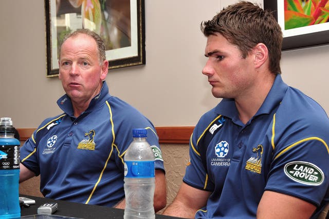 Jake White (left) rejected the pleas of Ben Mowen (right) to stay at Brumbies