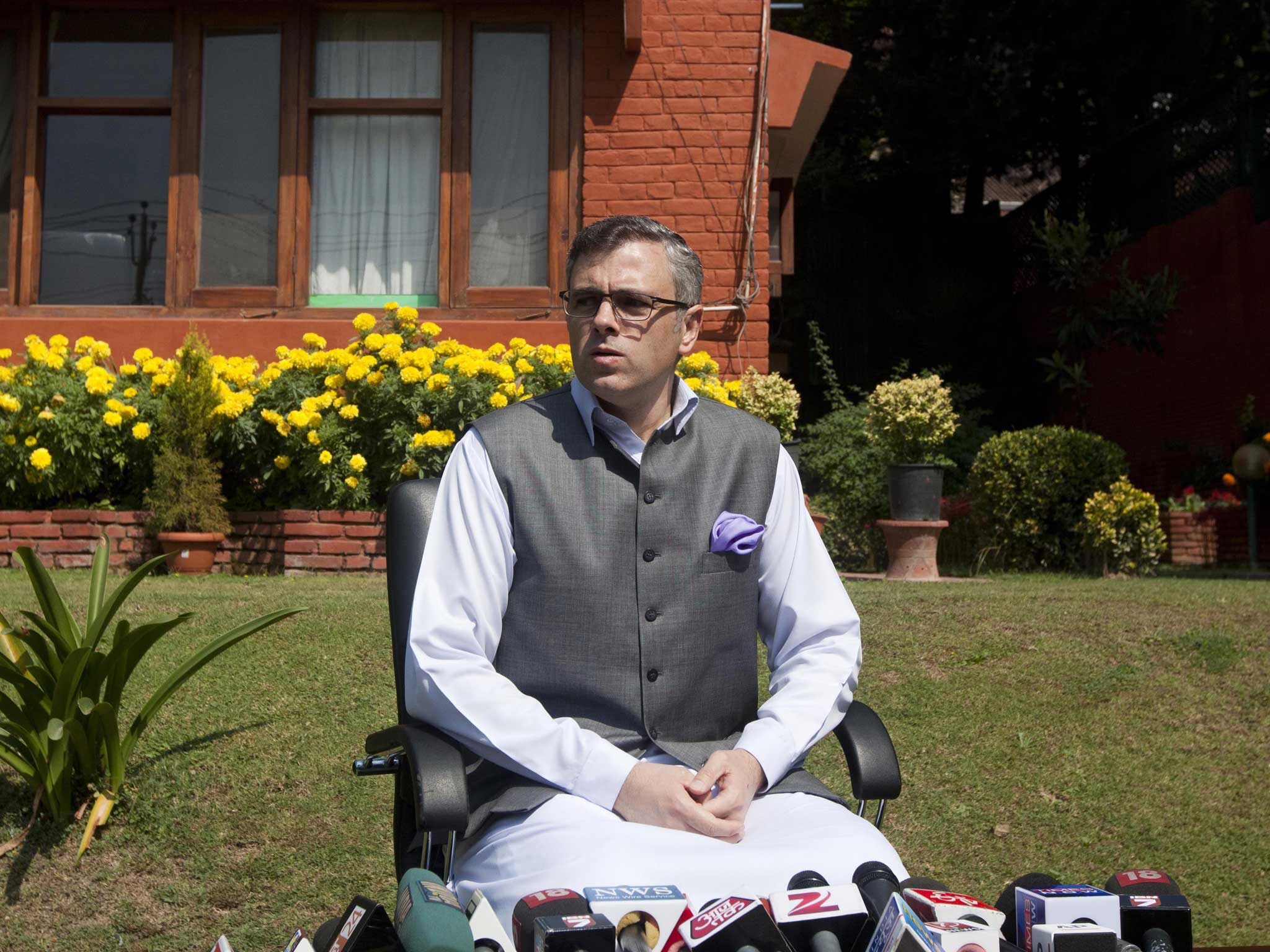 Then-Jammu and Kashmir chief minister Omar Abdullah addresses a press conference in Srinagar