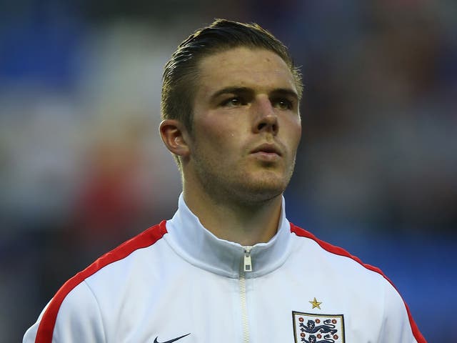 Jack Butland looking on before his first England appearance in August 2012