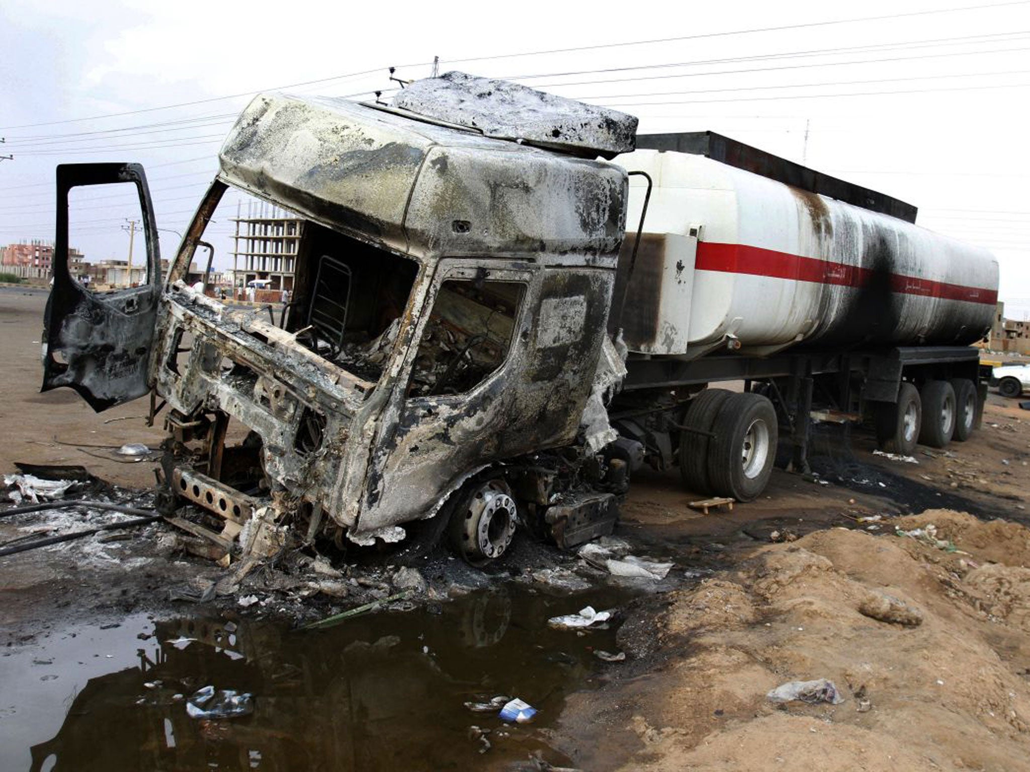 A tanker torched during the riots