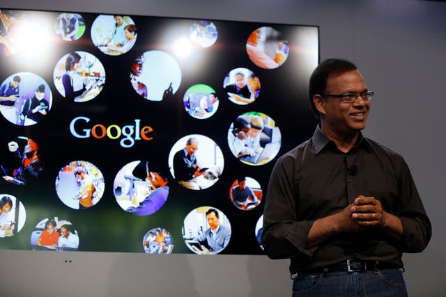 Amit Singhal, senior vice president of search at Google, speaks at the garage where the company was founded on Google's 15th anniversary in Menlo Park, California September 26, 2013