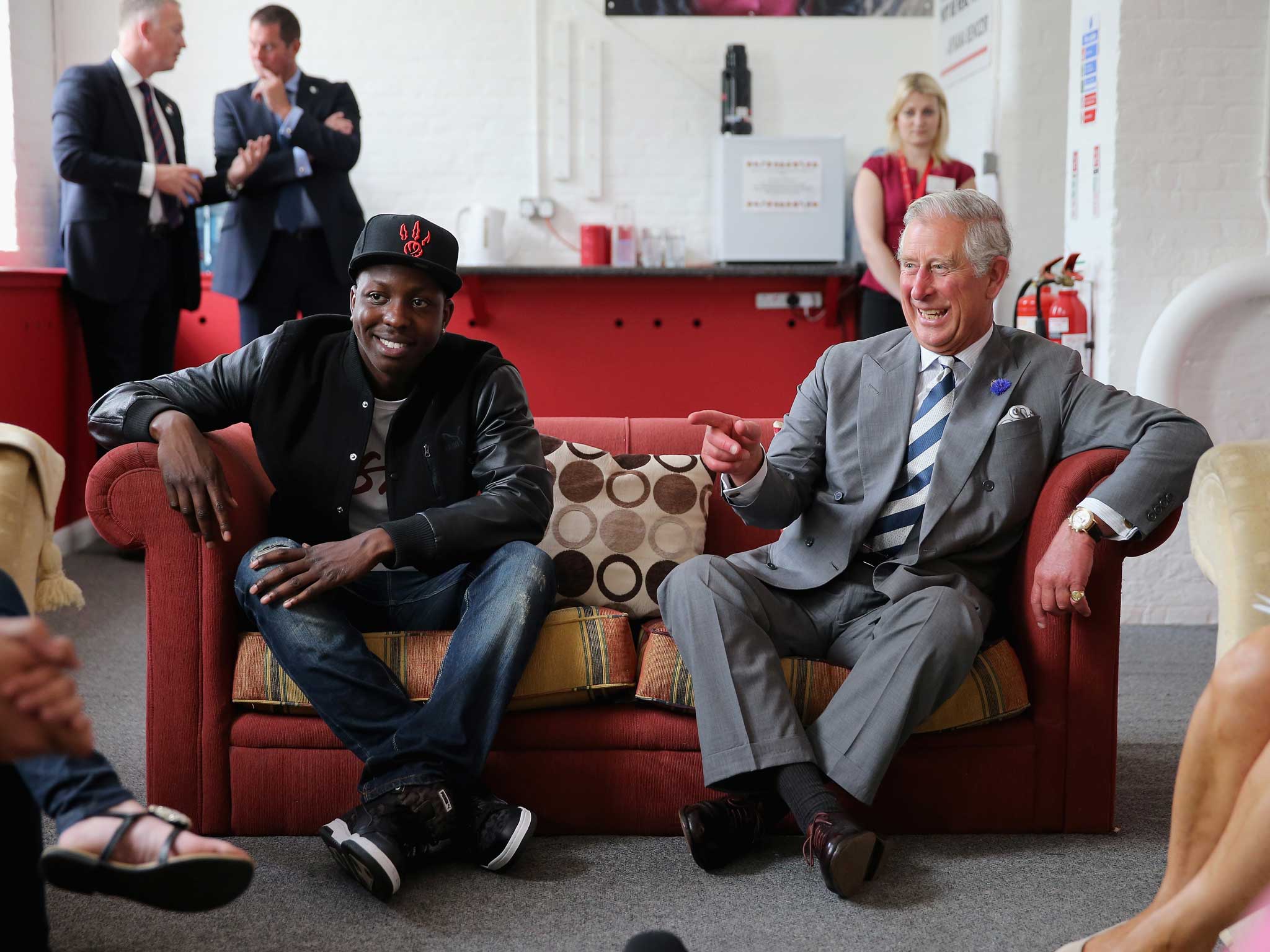 The Prince of Wales sits on a sofa with Jamal Edwards during a live session at the launch of the Prince's Trust Summer Sessions