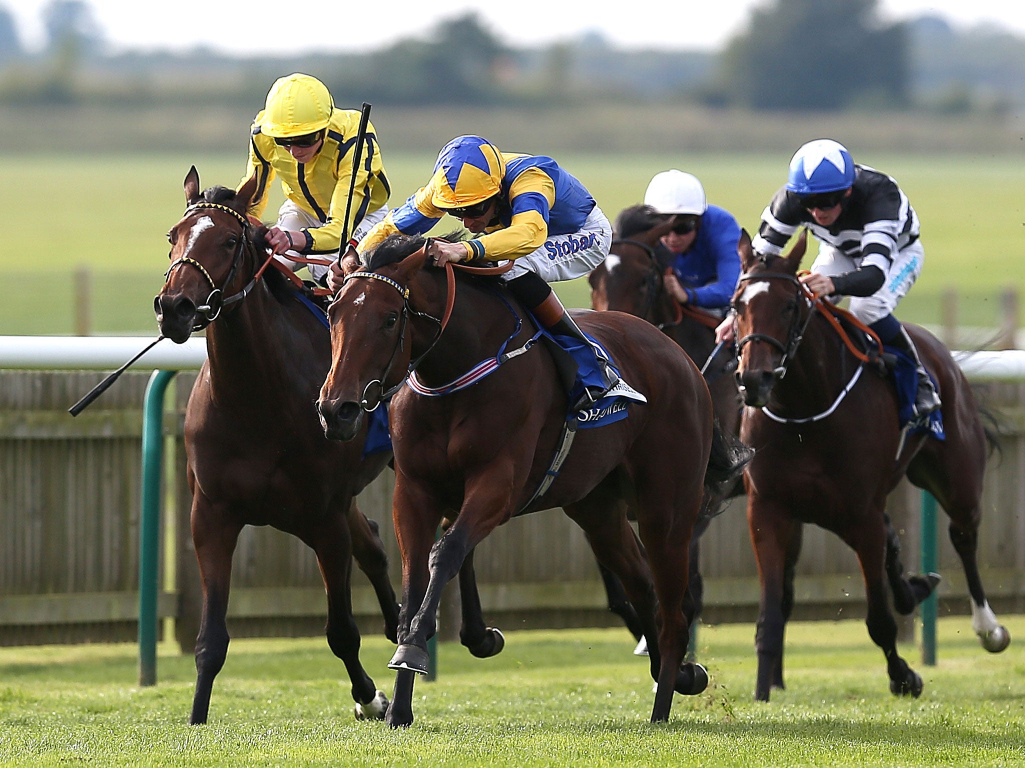 Chriselliam swoops under Richard Hughes to beat Rizeena (left) in the Group One Fillies' Mile at Newmarket