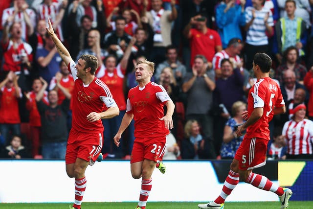 Rickie Lambert celebrates scoring Southampton's second goal against Crystal Palace