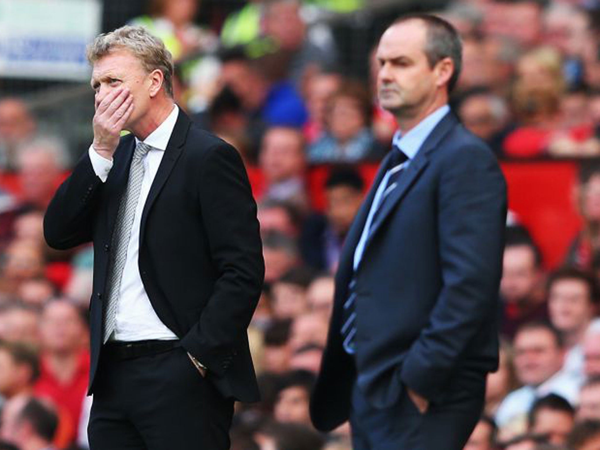A face-palm moment for David Moyes as Steve Clarke looks on
