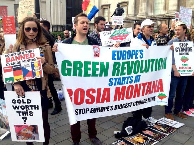 Protesters gathered in Trafalgar Square to speak out agains the use of cyanide in a Romanian mining project