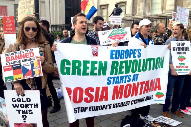 Protesters gathered in Trafalgar Square to speak out agains the use of cyanide in a Romanian mining project