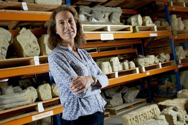 Broken art: curator Susan Harrison with smashed sculptures from Rievaulx Abbey in North Yorkshire 