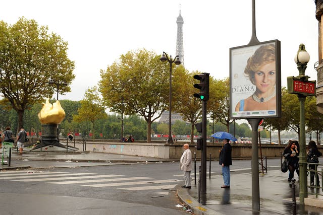 A poster for the new Diana film installed outside the Pont de l'Alma tunnel where she died