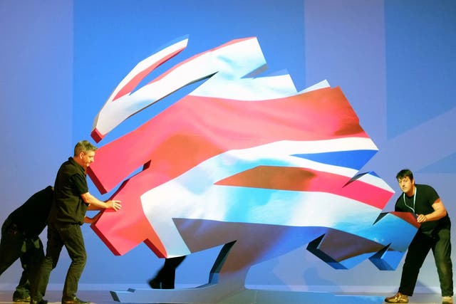 The Conservative Party logo is re-positioned ahead of speech by David Cameron