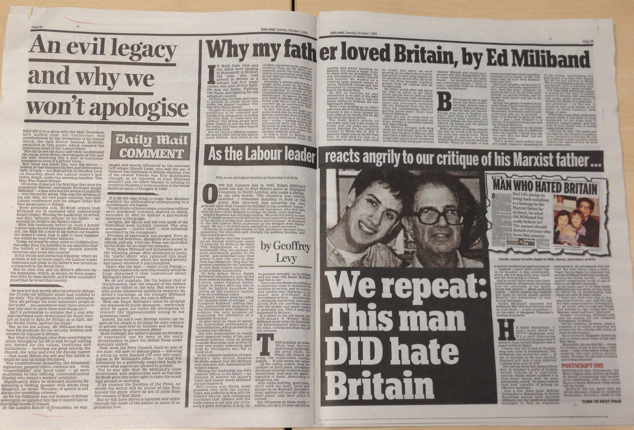 The spread in the Daily Mail, including Ed Miliband's response (top), the paper's editorial (left) and an abridged version of Saturday's original article by Geoffrey Levy