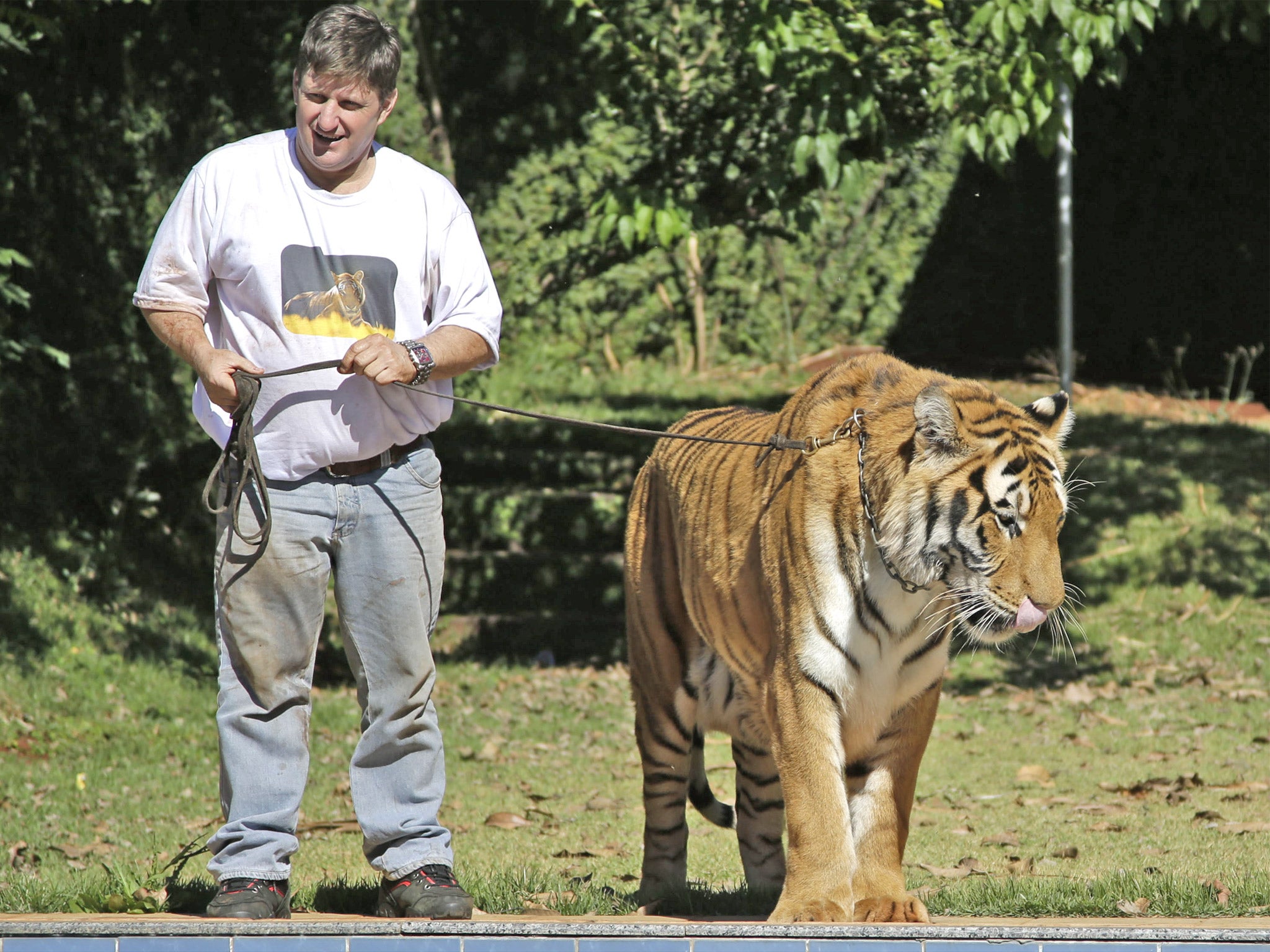 Ary Borges with Tom the tiger in his garden