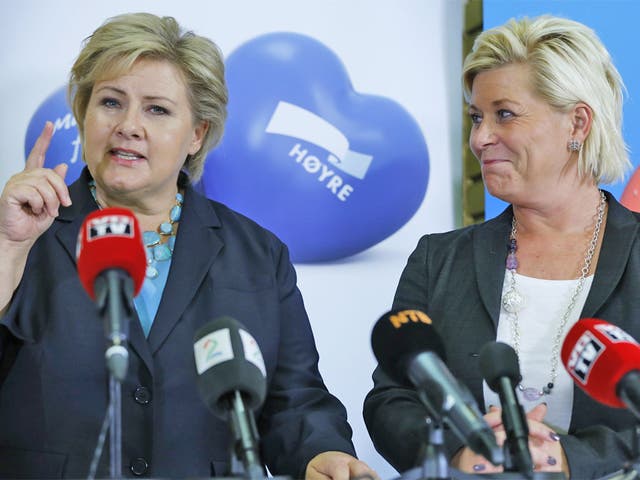 Erna Solberg (left), leader of the Conservative Party, and Progress Party leader Siv Jensen after signing the coalition agreement