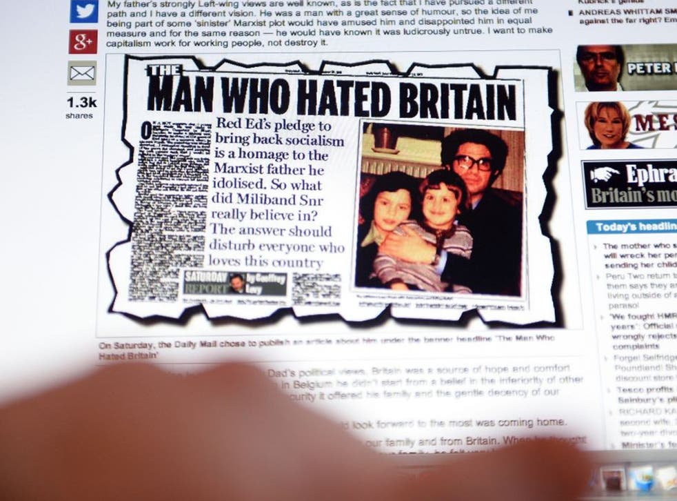 Ed Miliband's response on the Mail's website, illustrated with the original article attaching his father