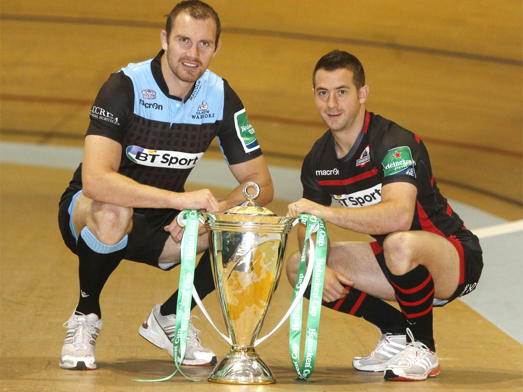 Glasgow Warriors Captain Alastair Kellock (left) and Edinburgh Rugby Captain Greig Laidlaw (right) during the Scottish Heineken Cup launch at the Sir Chris Hoy Velodrome, Glasgow