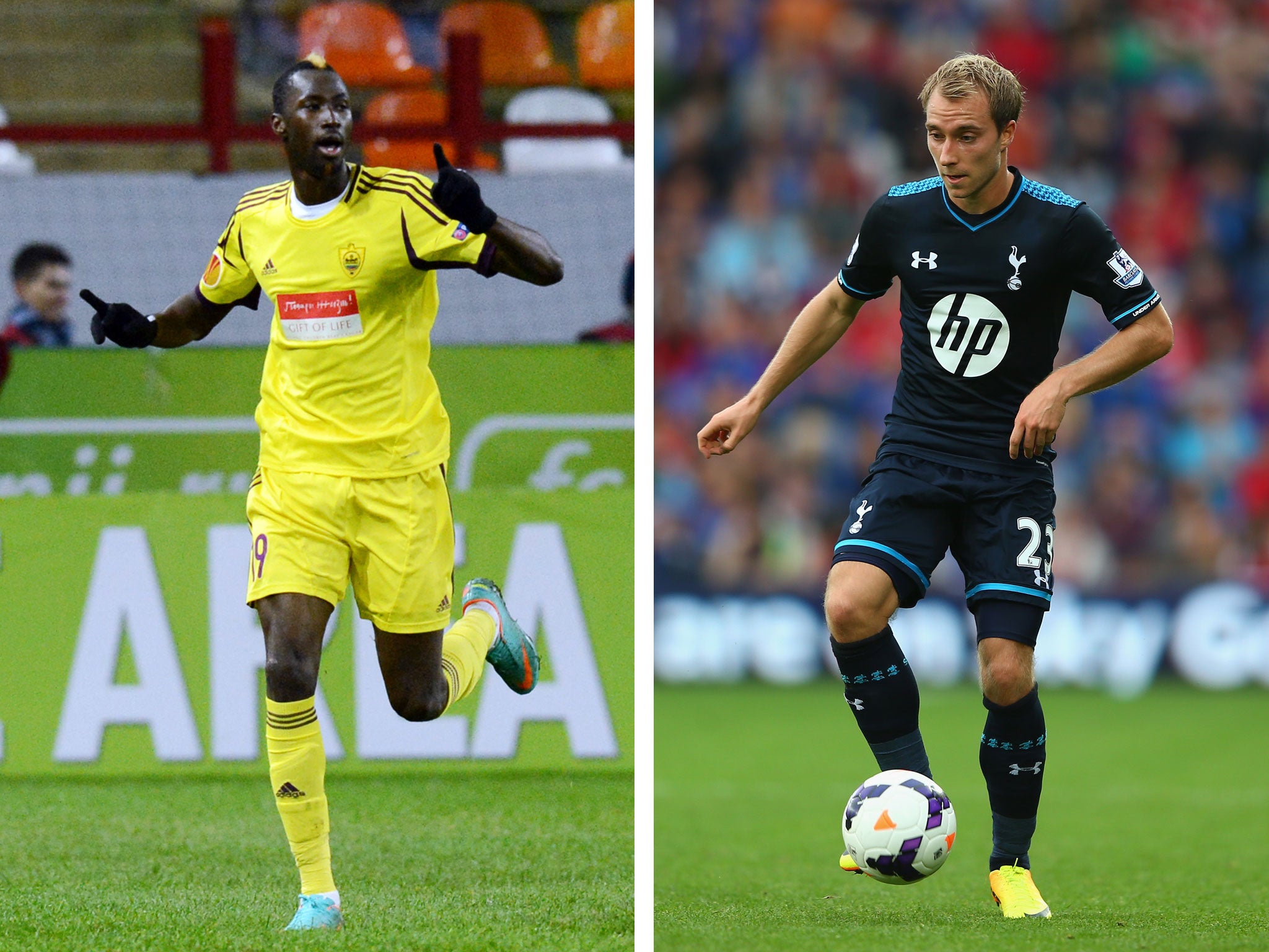 Lacina Traore of Anzhi Makhachkala and Christian Eriksen of Tottenham