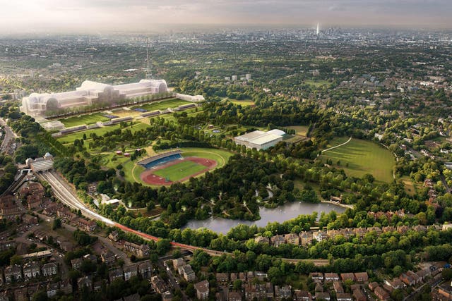 An aerial view of how a rebuilt Crystal Palace could look as it is to be rebuilt on the site of the original Victorian building in south-east London