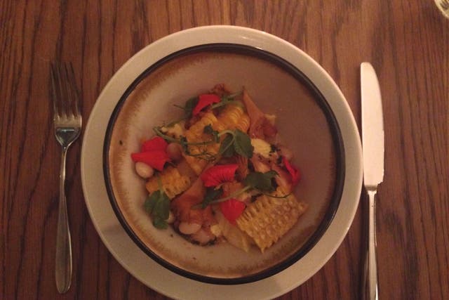 Their take on Chawanmushi: a country garden in a bowl, the custard firm, topped with shiitake mushroom, strips of corn and a little forest of edible flowers