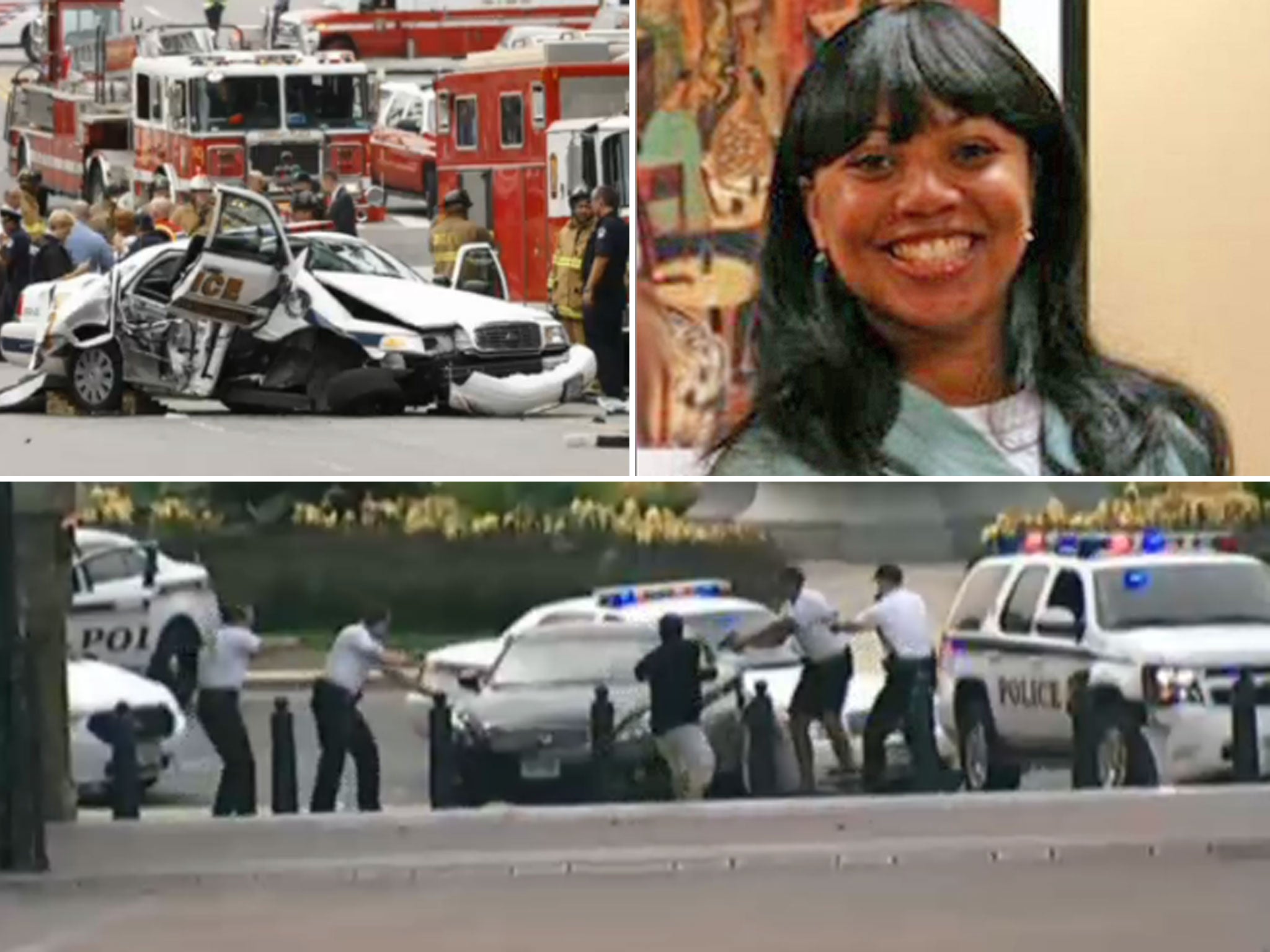 Capitol car chase in Washington: Top left: a smashed US Capitol Hill Police vehicle; top right: Miriam Carey, the mom shot dead by police; bottom: Carey's attempt to ram her car through a White House barrier
