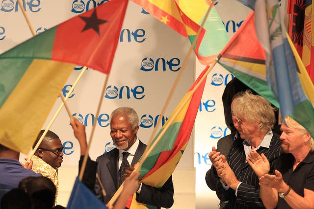 Former United Nations Secretary-General Kofi Anna, Sir Richard Branson, far right, and Irish activist Sir Bob Geldof, second from right, during the opening ceremony for the One Young World summit 