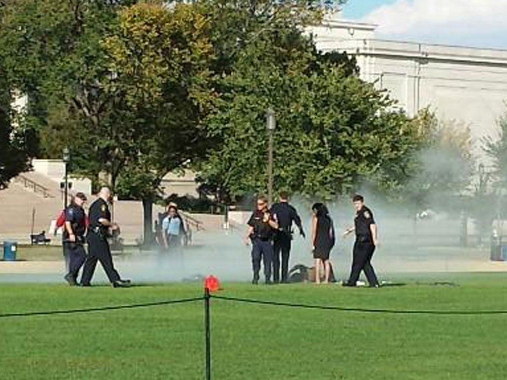 First responders and people assist a man who apparently set himself on fire at the National Mall in Washington