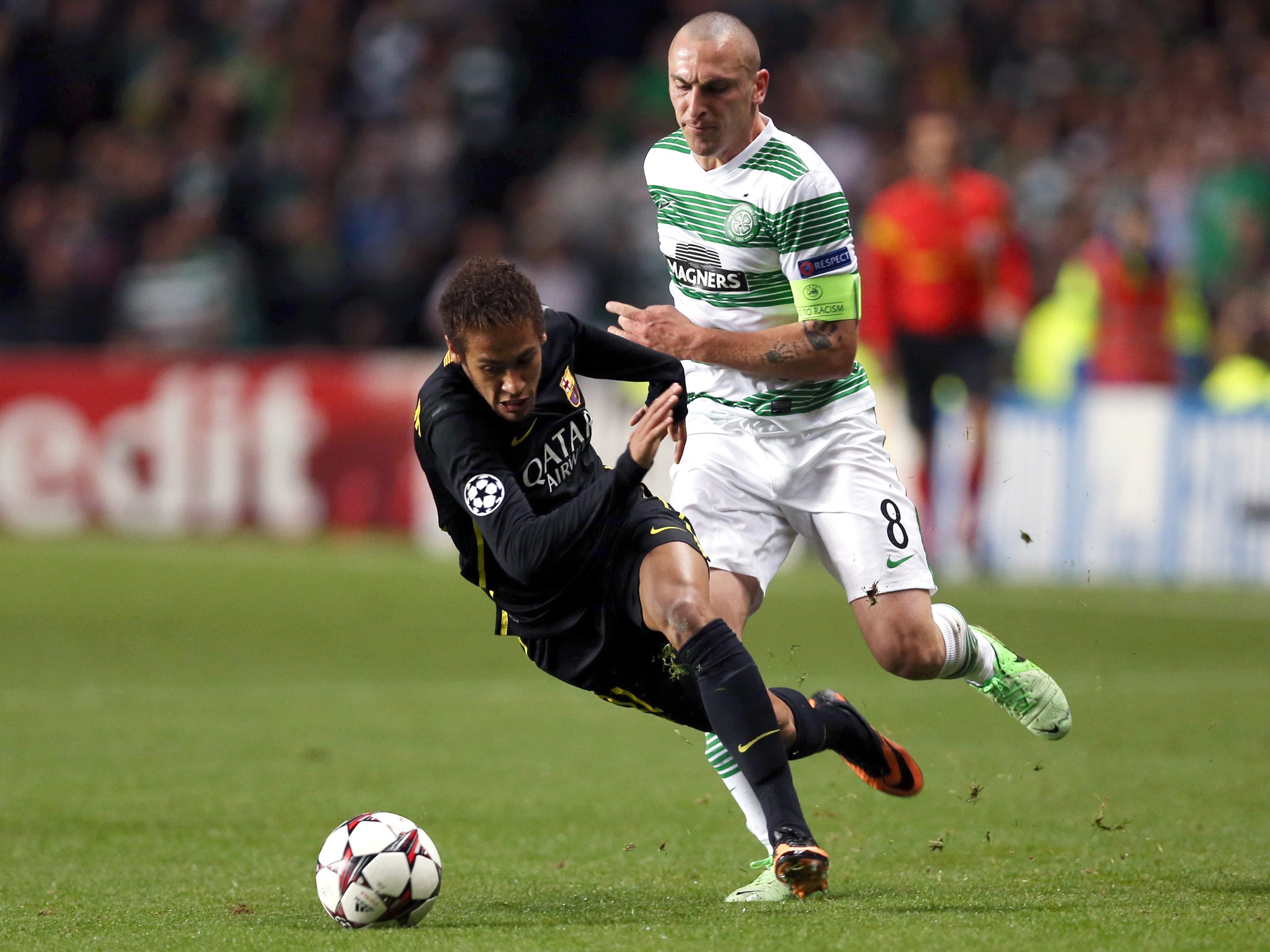 Celtic captain Scott Brown was sent off after kicking out at Barcelona forward Neymar during this challenge