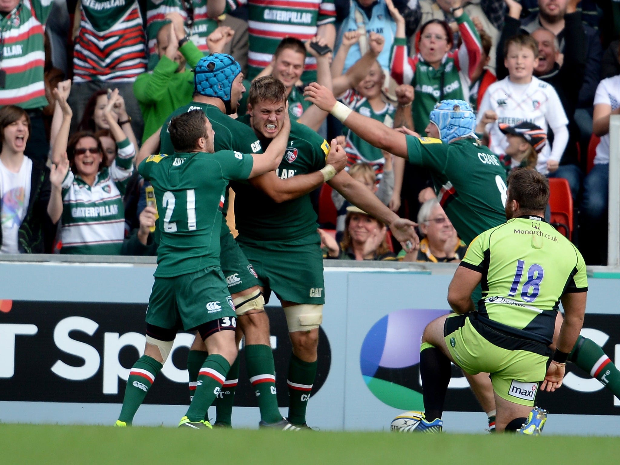 Ed Slater celebrates after pulling Leicester Tigers level against Northampton Saints