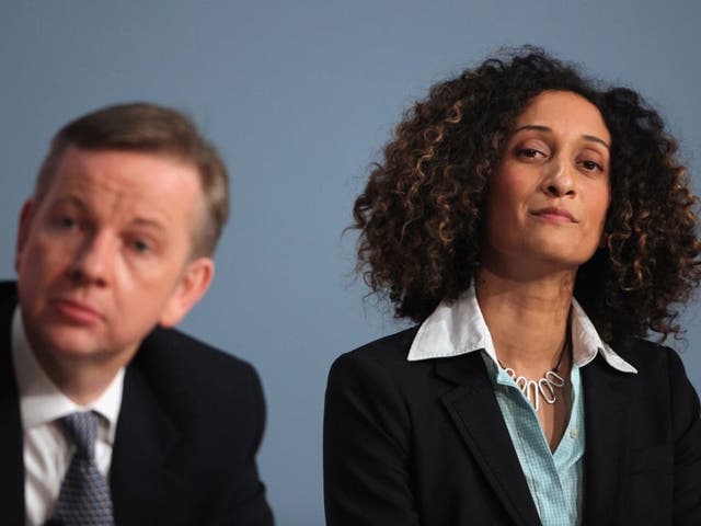 <p>Katherine Birbalsingh with the Education Secretary Michael Gove at the 2010 Conservative conference</p>