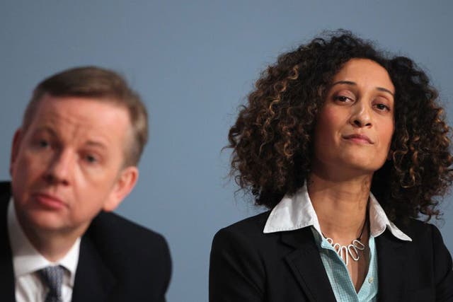 <p>Katherine Birbalsingh with the Education Secretary Michael Gove at the 2010 Conservative conference</p>