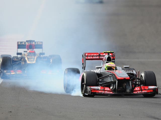 Sergio Perez of Mexico and McLaren locks his brakes while driving during the Korean Formula One Grand Prix
