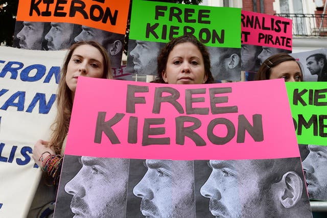 Greenpeace protesters highlight the case of UK cameraman Kieran Bryan, currently in a Russian jail