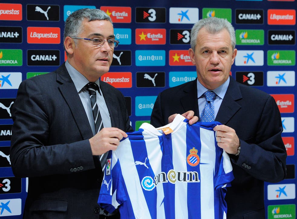 Espanyol club president Joan Collet alongside manager Javier Aguirre