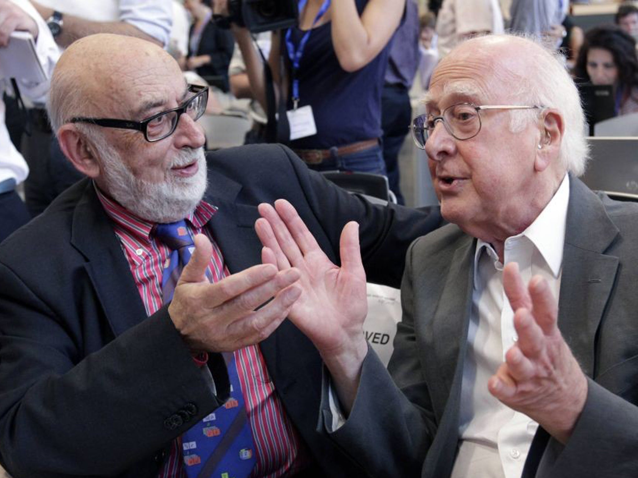 British physicist Peter Higgs with Belgium physicist Francois Englert