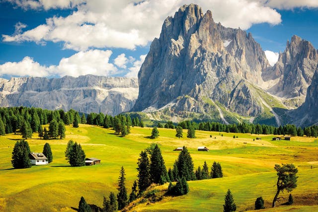 The Dolomites in South Tyrol, Italy. Millions of years ago the pale peaks and pinnacles of the Dolomites lay on the seabed; now they are among the world’s most distinctive mountainscapes.